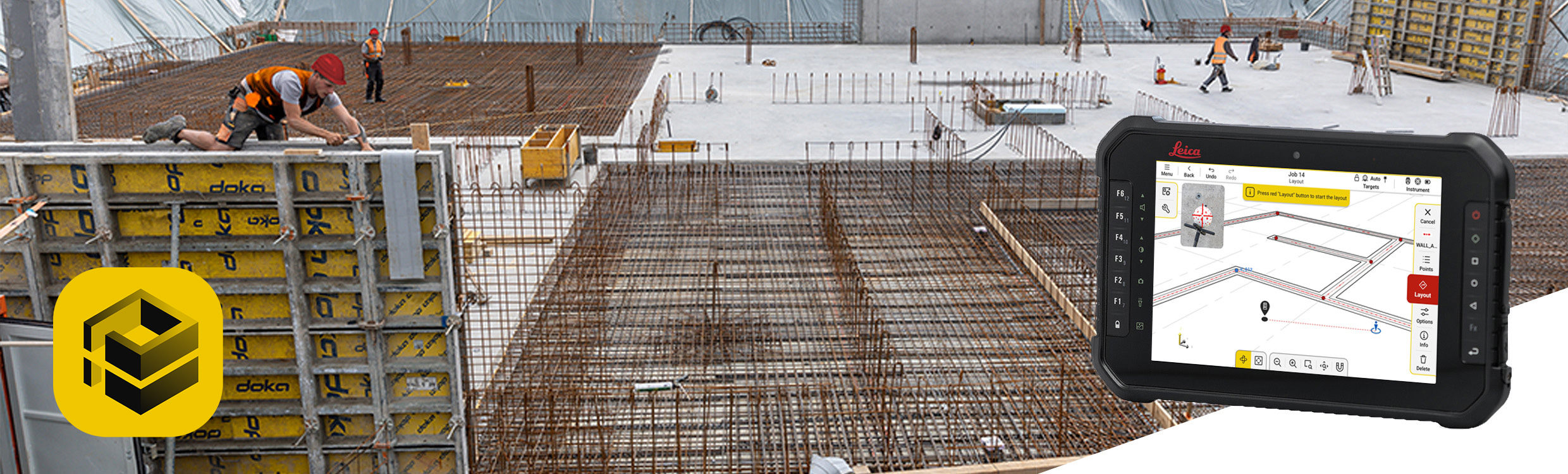 Software Leica iCON trades para el diseño de construcción en una tableta Leica iCON negra delante de un refuerzo de acero antes de hormigonar, con trabajadores de la construcción con cascos de seguridad rojos.